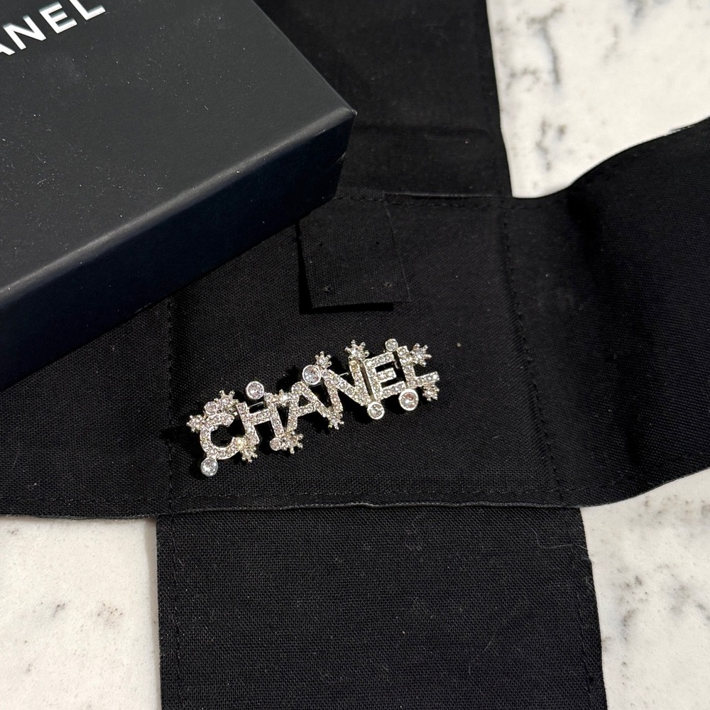 CHANEL Crystal Embellished Silver Brooch